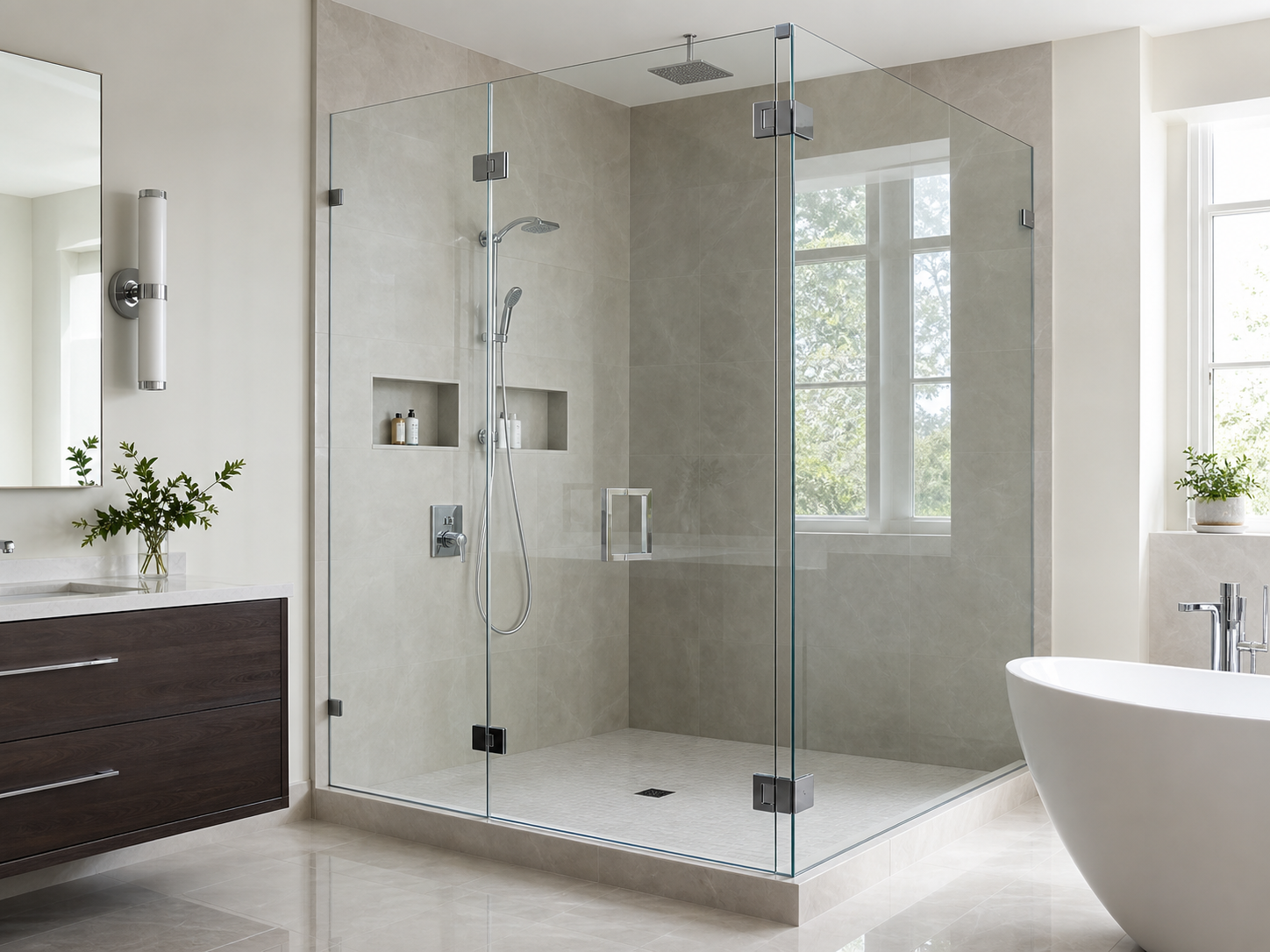 Mampara de baño de vidrio templado sin marco instalada sobre azulejos brillantes